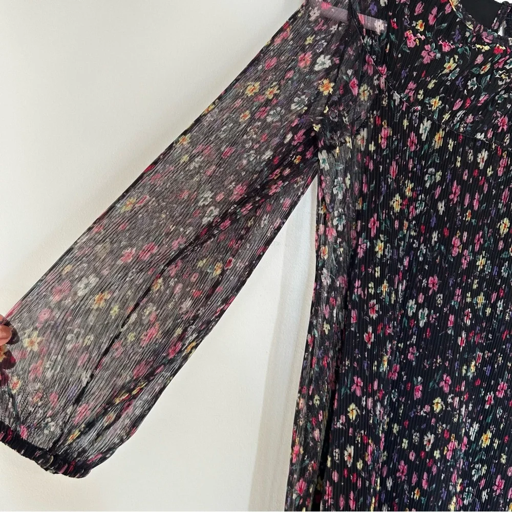 Zara Black Crinkle Rainbow Floral Print Long Sheer Sleeve Youth Dress Size 13/14